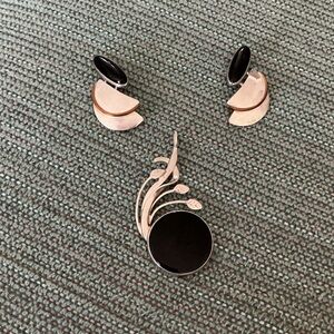 Black Onyx Silver-Tone Pendant and pierced Earrings Set